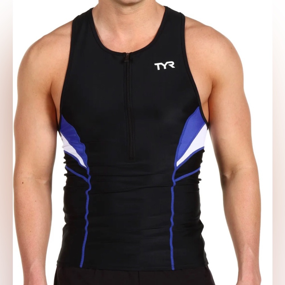 TYR men’s Competitor Singlet Tank Top size- L Black/Blue Triathlon Cycling